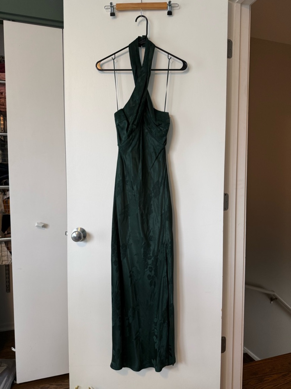 Astr Halter Ankle Length Dress in Deep Green with Floral Jacquard - XS